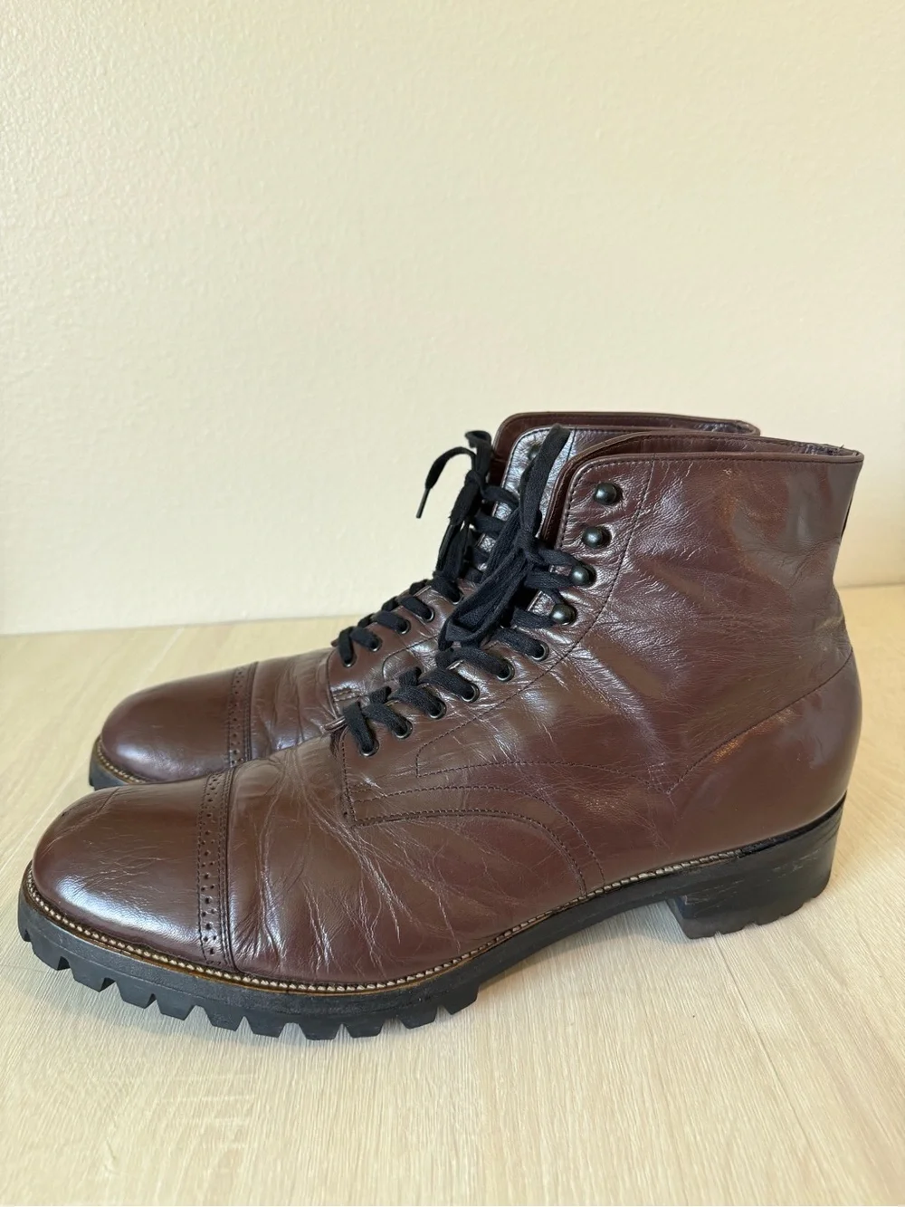 Stacy Adams Men’s Brown Leather Cap Toe Lace Up Ankle Boots Vibram Sole Size 12